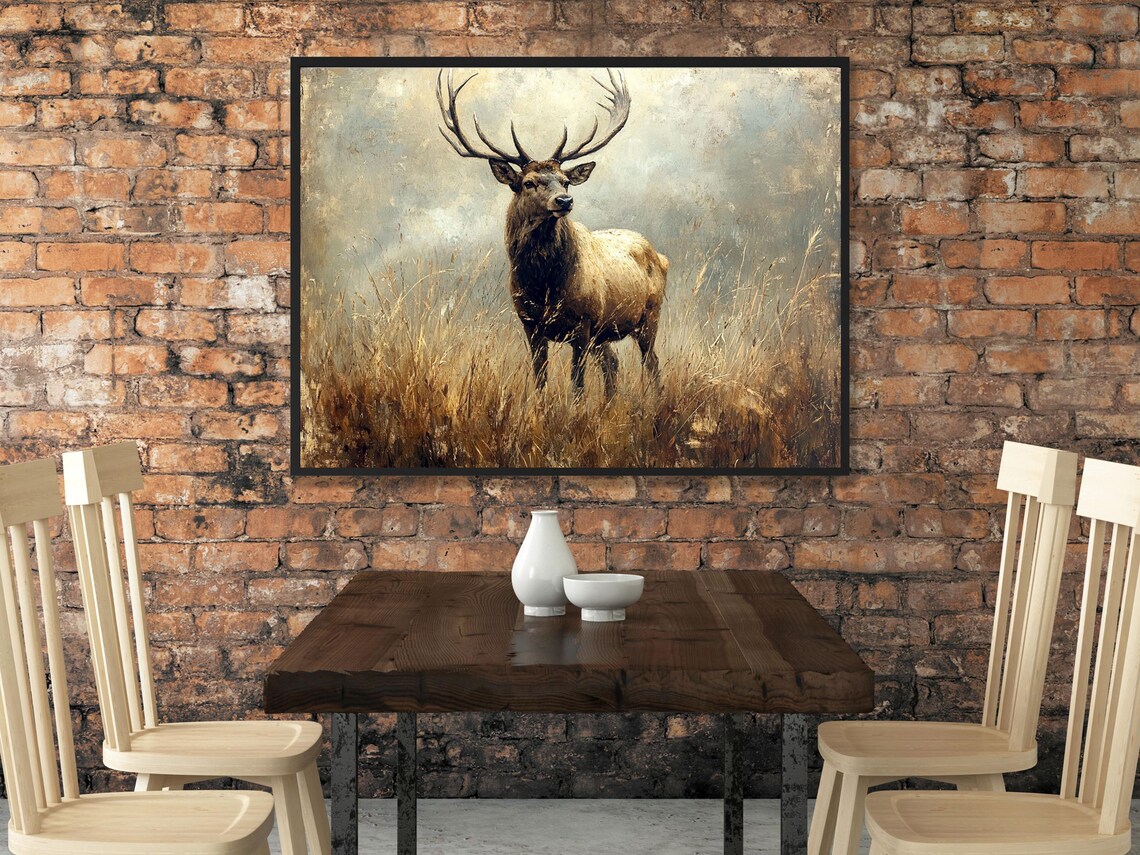 Rustic Stag With Antlers Standing In A Golden Grass Field Poster - Image 2