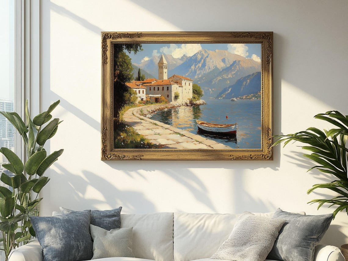 Mediterranean Coastal Village Lake Boat Scenic Landscape Art Print Oil Painting Cottage Core Art Vintage Painting Prints - Image 2