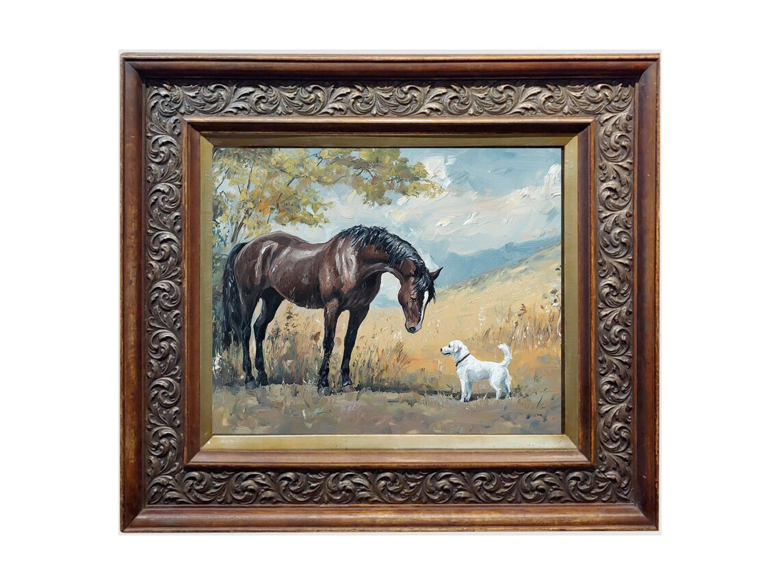 Horse With Dog Farmhouse Vintage Oil Painting Art Print - Image 2