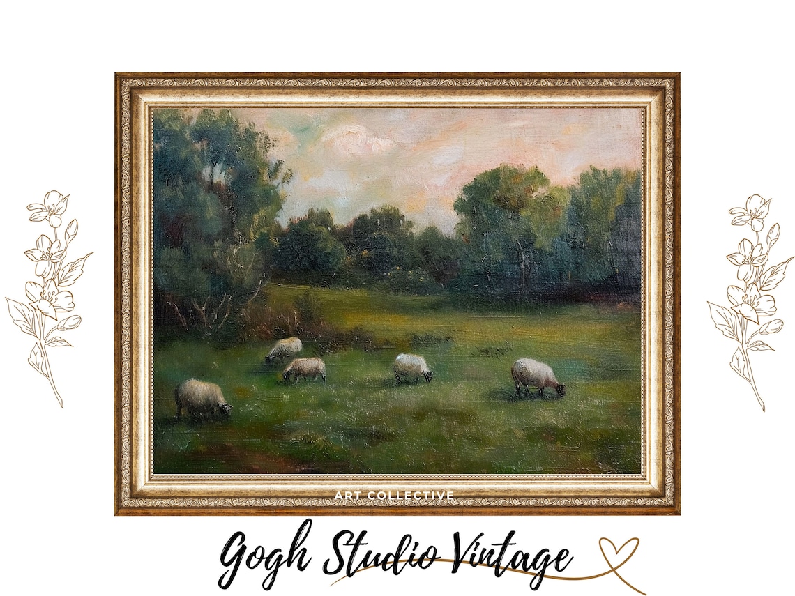 Sheep Grazing on a Ridge Meadow, Vintage Antique Art Print