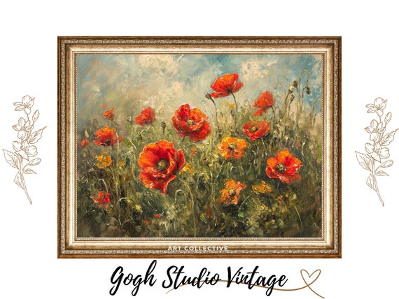 Red Poppies Flower Field, Vintage Oil Painting Art Print