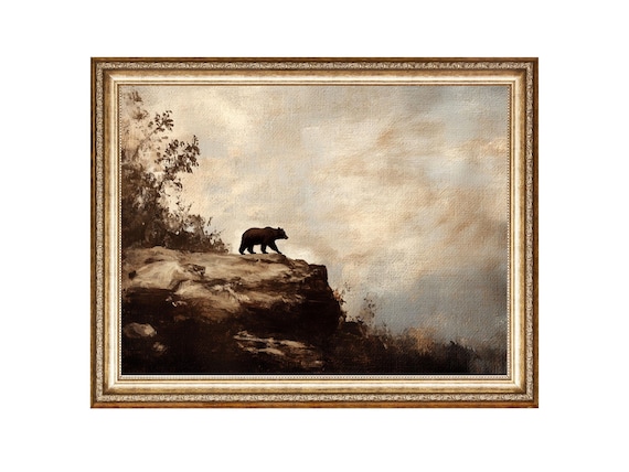 Black Bear Crossing a Rocky Cliff Edge Vintage Wildlife Oil Painting Poster