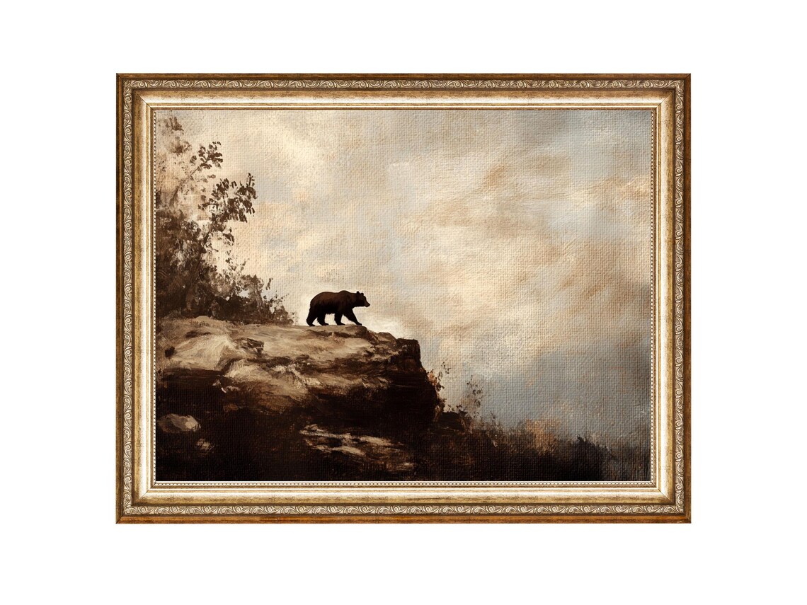 Black Bear Crossing a Rocky Cliff Edge Vintage Wildlife Oil Painting Poster