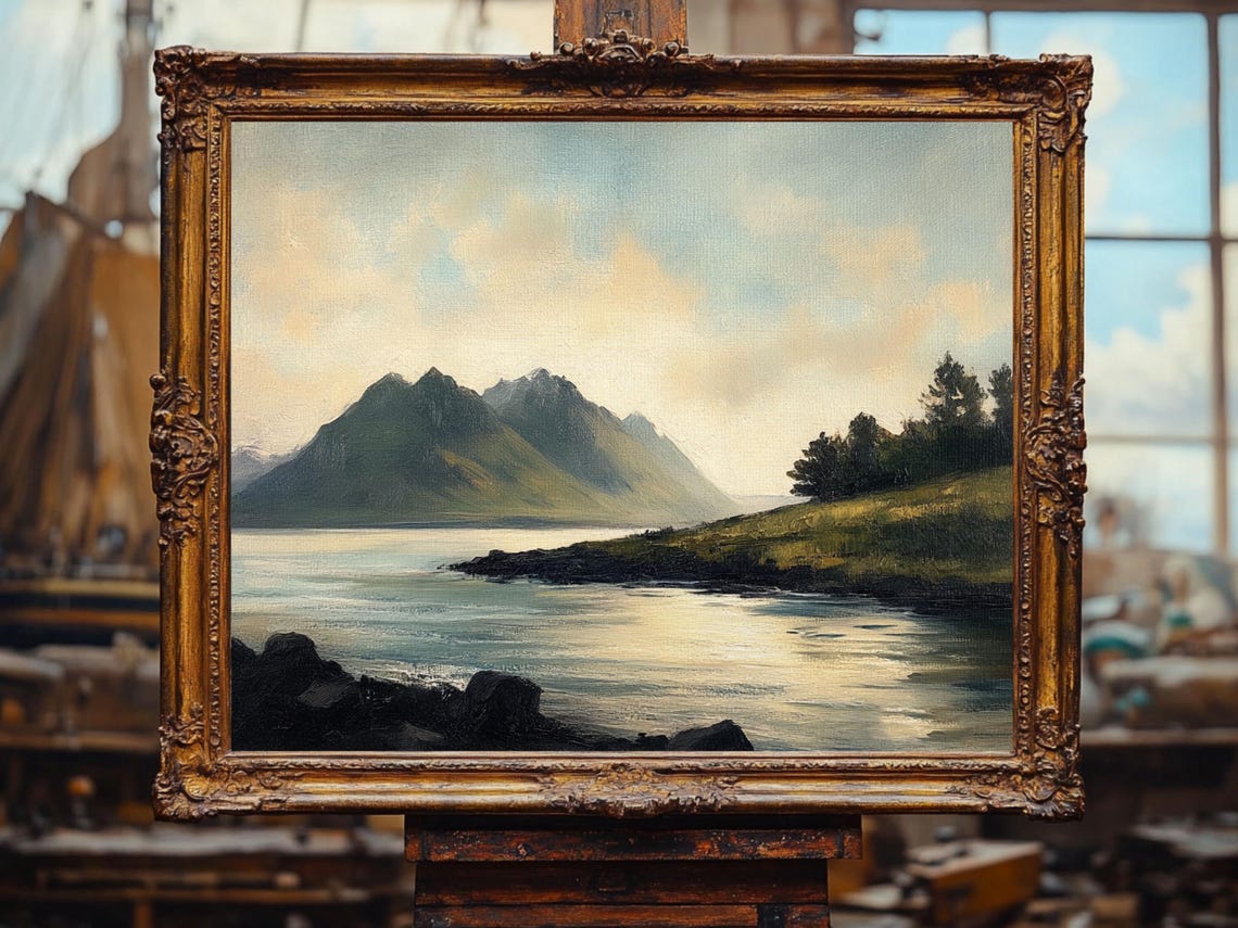 Serene Mountain Lake Landscape Oil Painting Wall Art Oil Painting Cottage Core Art Best Gifts Vintage Painting Prints - Image 2