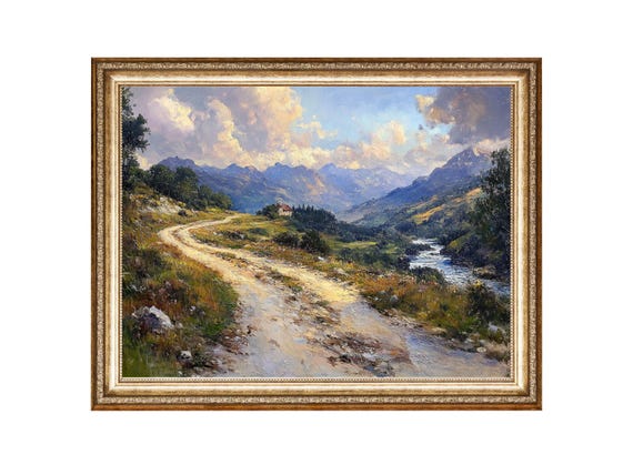 River Painting Landscape Road By The River On A Hillside Vintage Oil Painting Prints Wall Art