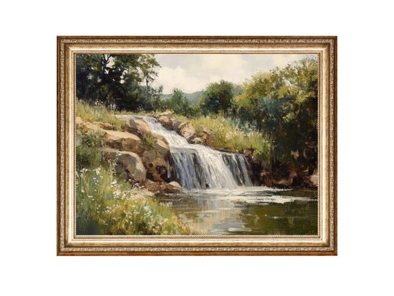 Waterfall Painting Mountain Stream Spring Nature Landscape Wall Art Rustic Oil Painting Cottage Core Art Vintage Painting Prints
