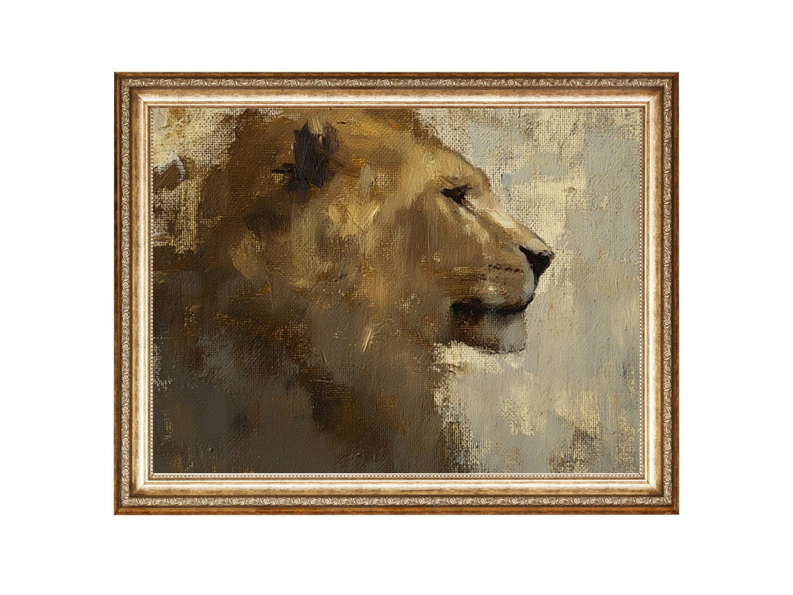 Vintage Abstract Lion Wildlife Oil Painting Art Print