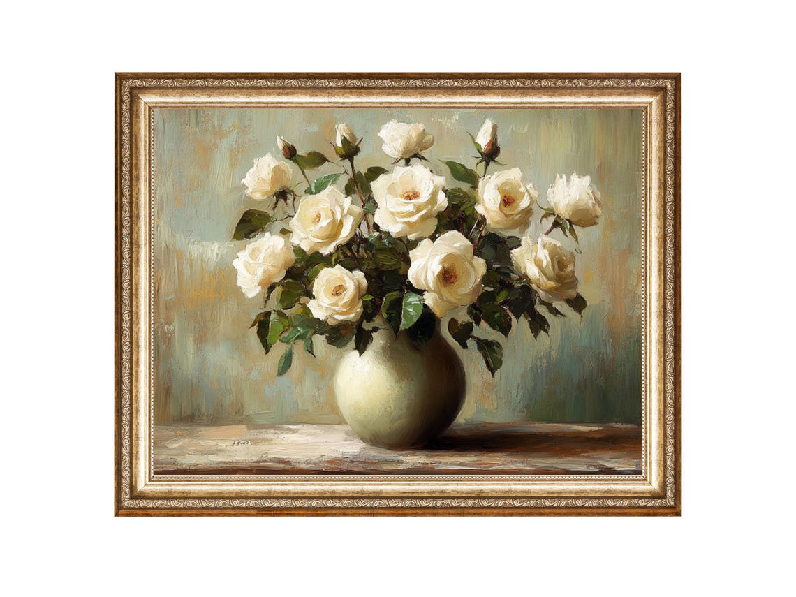 White Roses Painting Vintage Floral Art Oil Painting Cottage Core Art Vintage Painting Prints Downloads