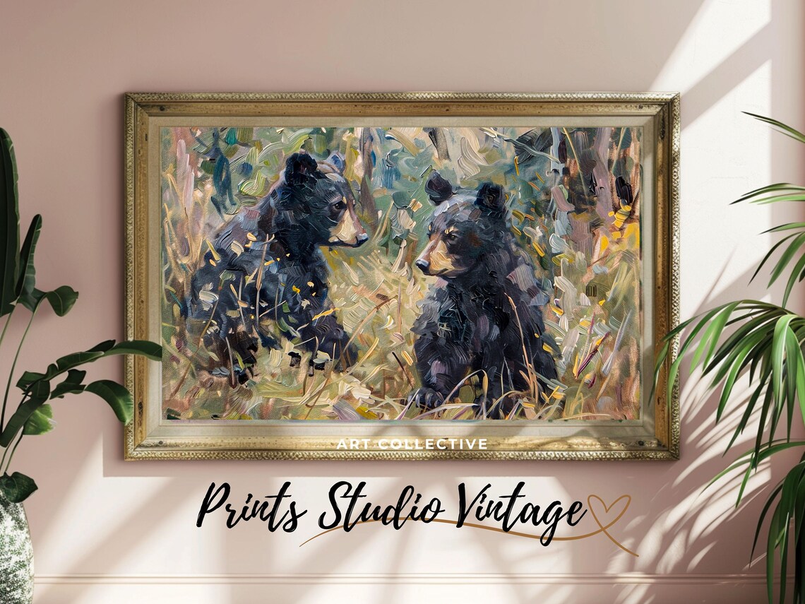 Two Black Bear Cubs In A Forest Impressionist Wildlife Poster - Image 2