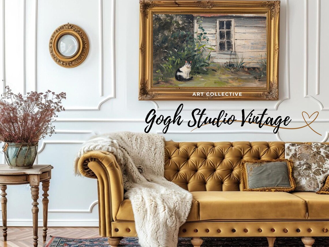Cat In Farmhouse Village, Vintage Oil Painting Art Print - Image 2