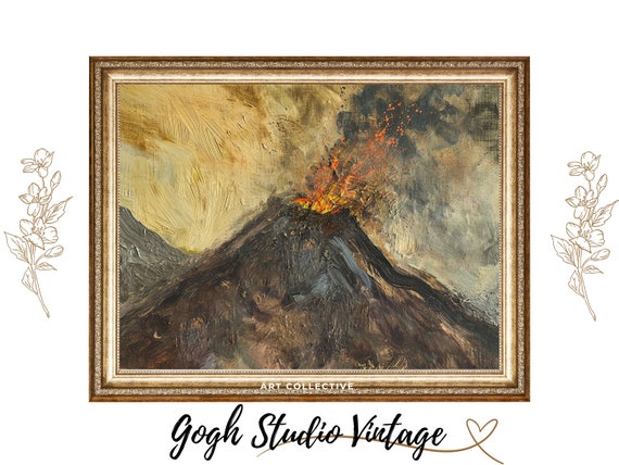 Erupting Volcano Landscape Nature Art Print Mountain Wall Art Vintage Antique Oil Painting Artwork Frame Tv