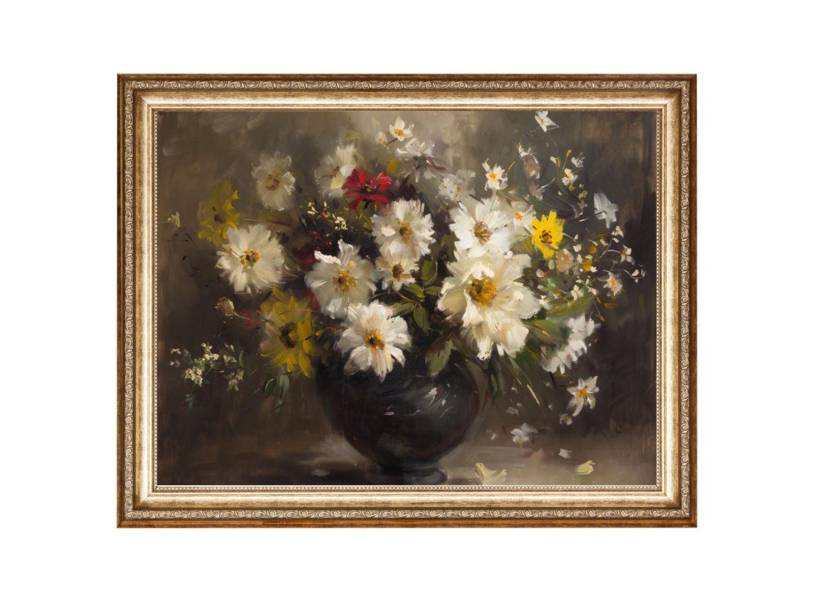 Vintage Floral Oil Painting With White Flowers In Dark Vase Oil Painting Cottage Core Art Vintage Painting Art Prints