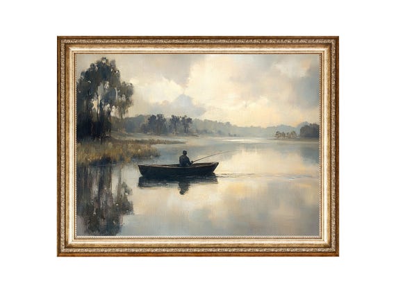 Tranquil Lake Fishing Boat Reflections Landscape Oil Painting Cottage Core Art Vintage Painting Wall Art Prints