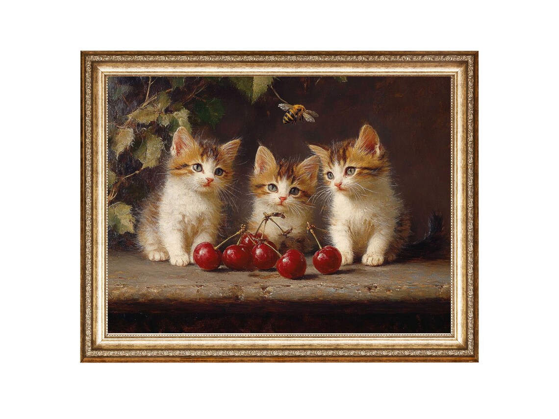Three Kittens with Red Cherries Vintage Cute Cat Art Oil Poster
