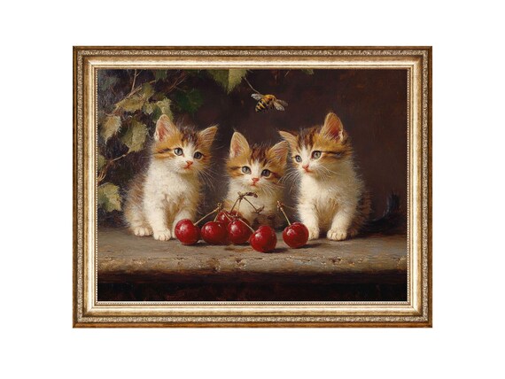 Three Kittens with Red Cherries Vintage Cute Cat Art Oil Poster