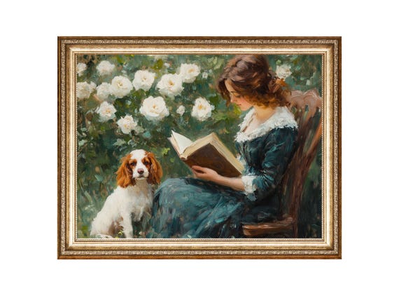 Rose Garden Girl Reading, Vintage Cottagecore Art Print