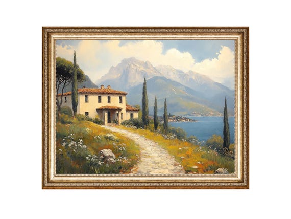 Lake Como Villa With Cypress Trees And Mountain View Vintage Oil Painting Cottagecore Wall Art Wall Art Prints