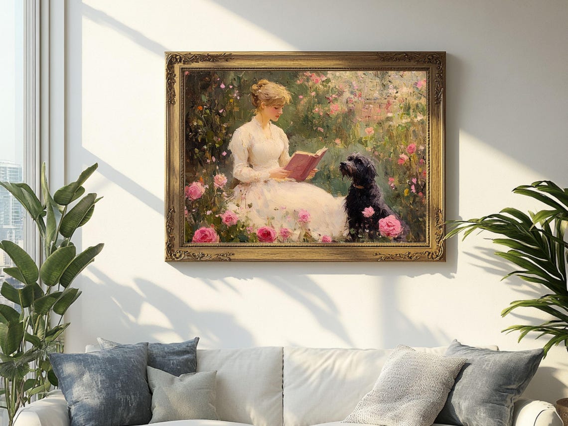 Romantic Rose Garden Reading Girl Art Print - Image 2