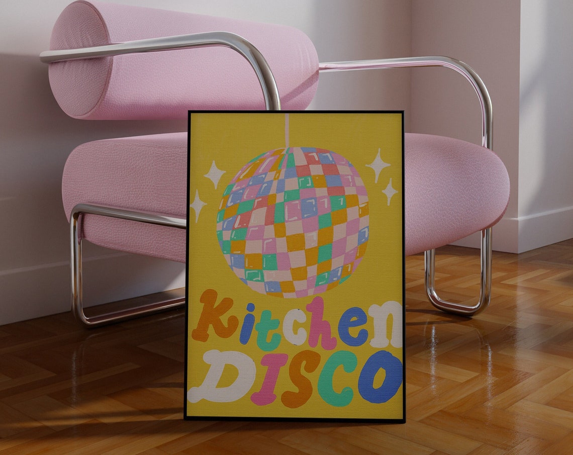 Kitchen Disco Retro Groovy Rainbow Yellow Party Kitchen Wall Poster