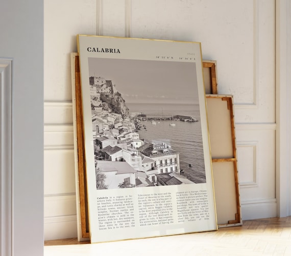 Calabria Italy Coastal Cliff Town Black and White Travel Poster Art