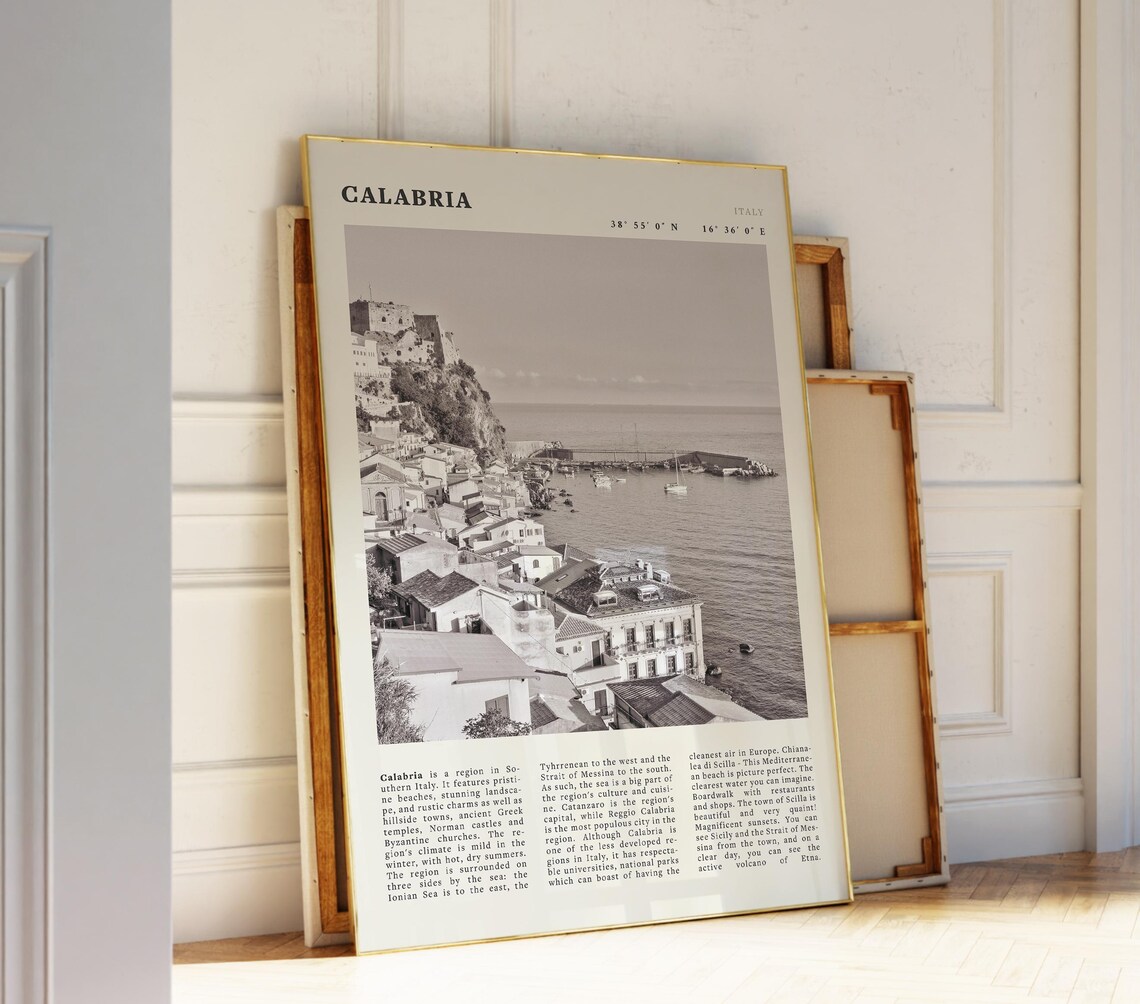 Calabria Italy Coastal Cliff Town Black and White Travel Poster Art