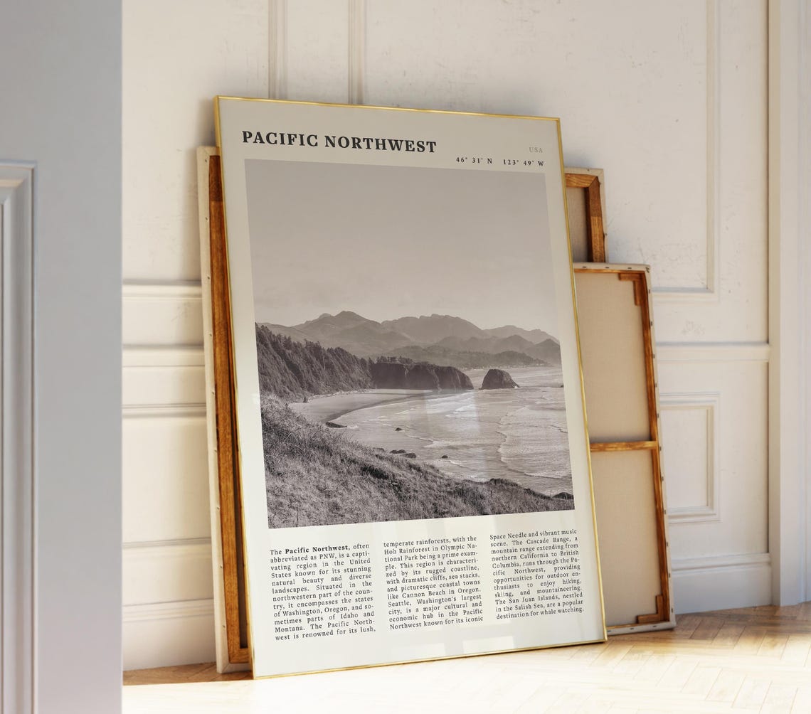 Pacific Northwest Black White Poster Vintage Pnw Travel Wall Art Print Idea For Nature Lovers