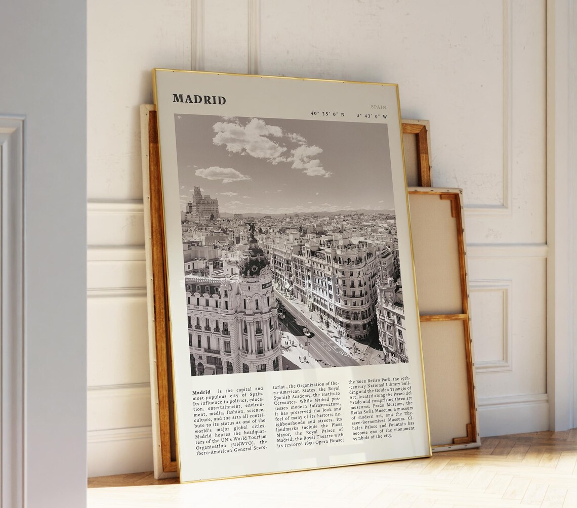 Madrid Spain City Skyline Black White Capital Cityscape Travel Poster