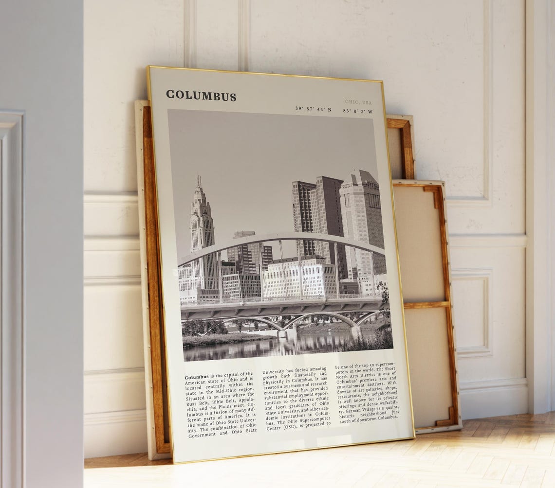Columbus Ohio Downtown Skyline River Bridge Black White Poster