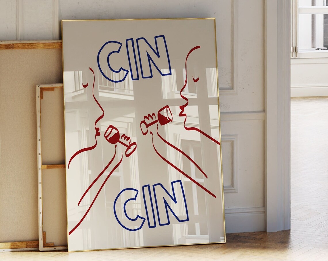 Cin Cin Wine Toast Line Art Blue Red Minimalist Bar Cart Poster