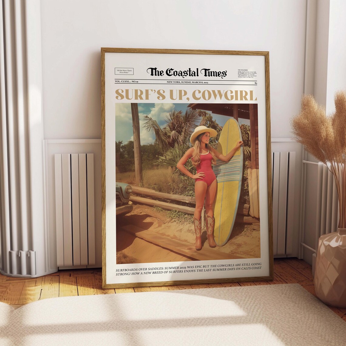Coastal Cowgirl Surf Art, Vintage Newspaper Style Poster