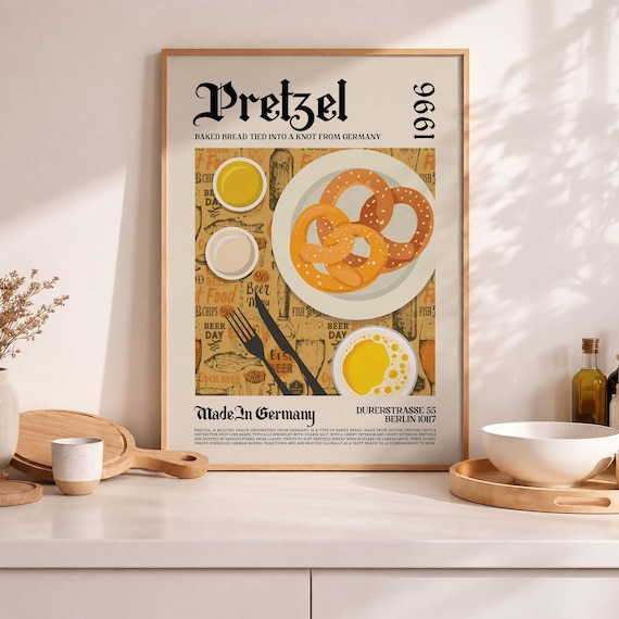 Pretzel German Food Art Baked Bread Knot Beer Snack Retro Kitchen Poster