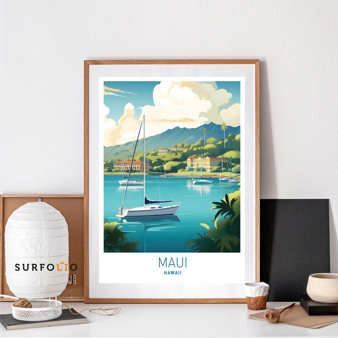 Maui Hawaii Sailboat Harbor Travel Poster With Tropical Mountain View
