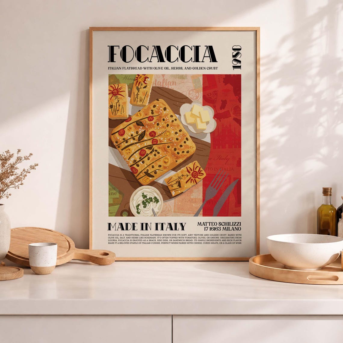Focaccia Italian Flatbread Made In Italy Vintage Kitchen Food Poster