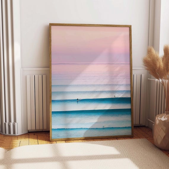 Pastel Beach Wall Art Pink Sunset Sky Surfer Print Boho Ocean Decor Digital Download