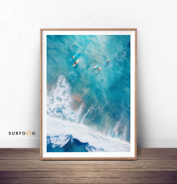 Aerial Surfers Print Surf Drone Photography Poster Surfboard Surfing Wall Art Photo