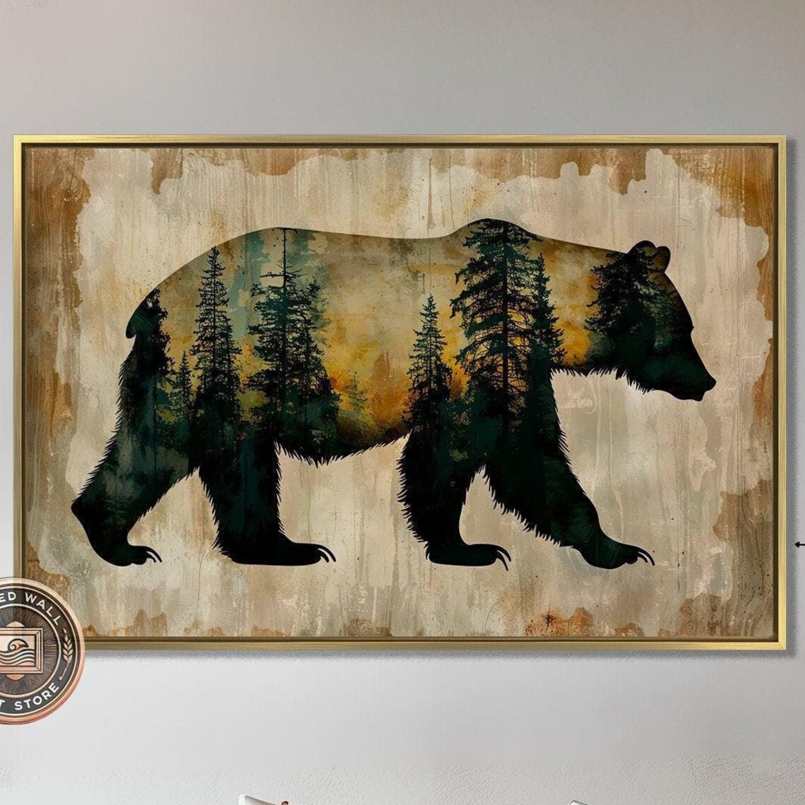 Rustic Bear Silhouette Forest Landscape Wall Art Print