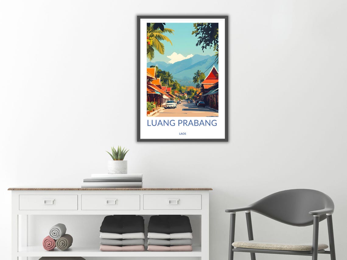 Luang Prabang Laos Temple Street Mountain View Travel Poster - Image 2