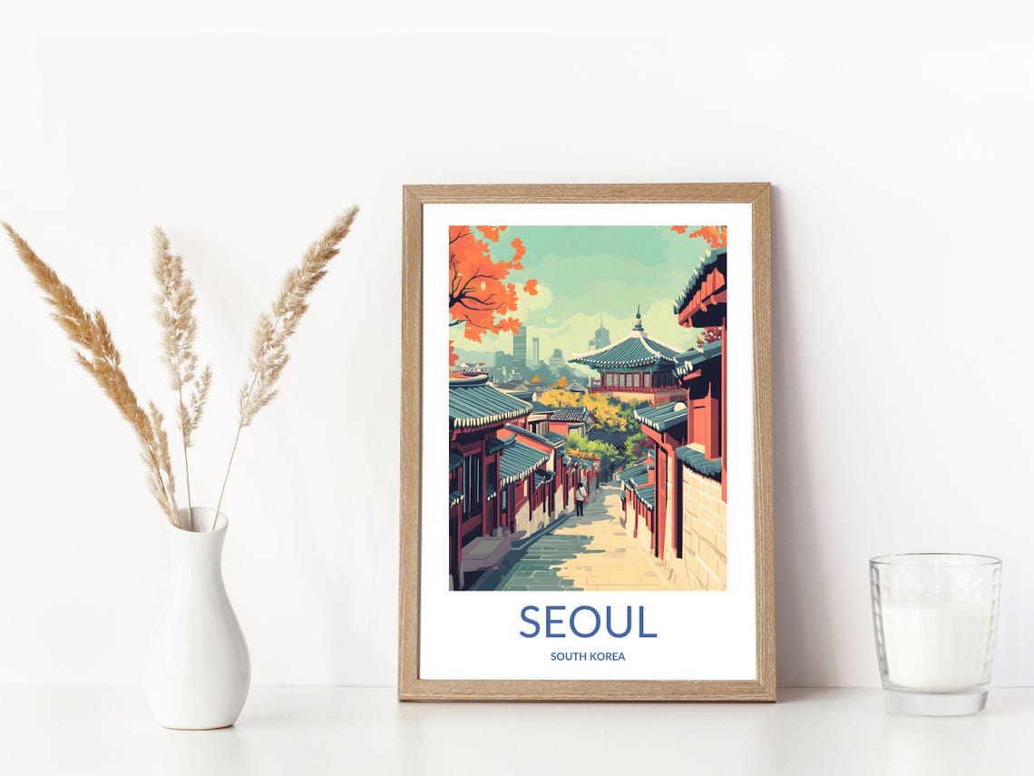 Seoul City Art South Korea Travel Poster Korean Traditional Village Bukchon Hanok Village Art Seoul Travel Decor - Image 3