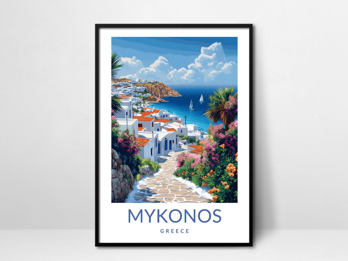 Mykonos Greece Island Vintage Travel Poster Whitewashed Seaside