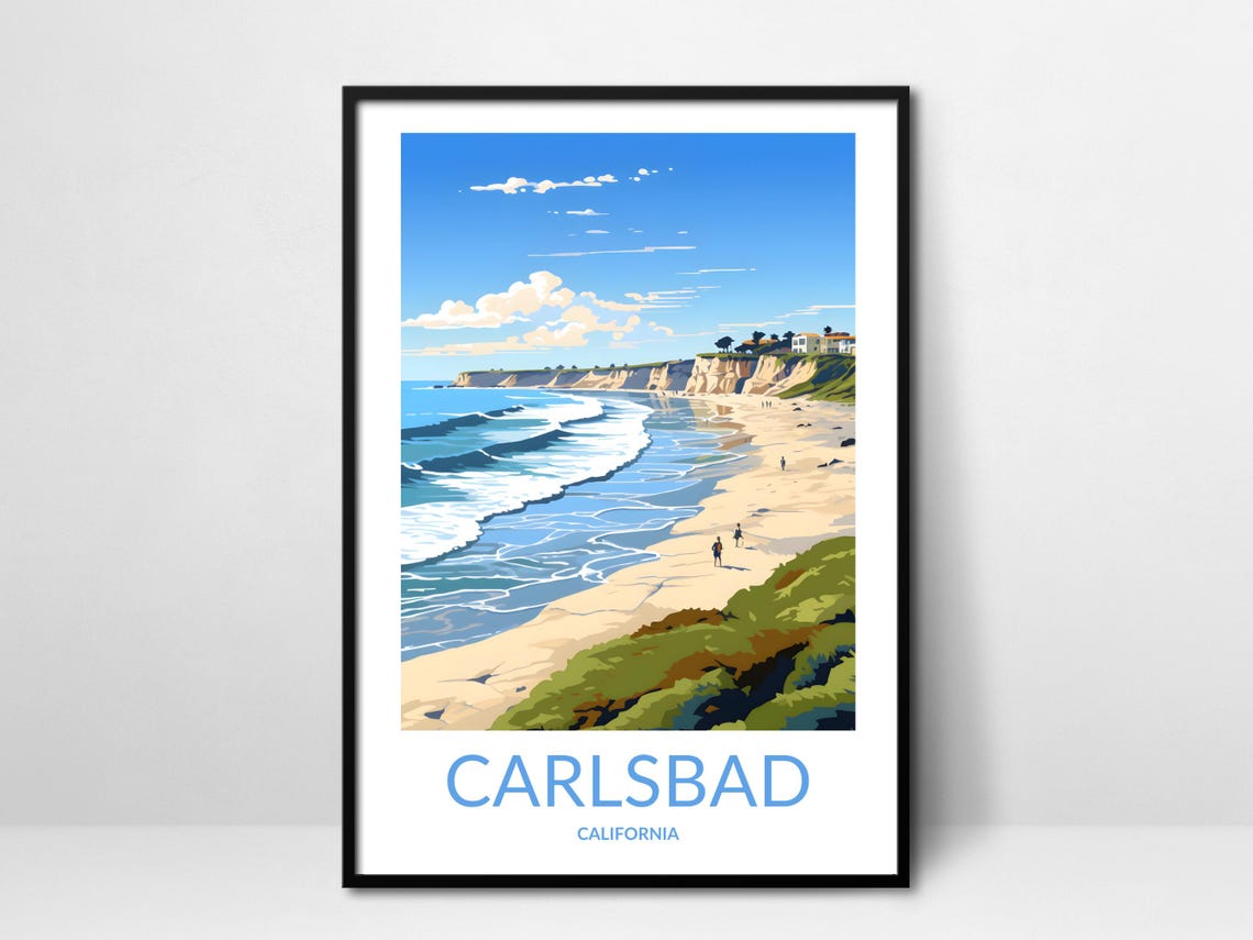 Carlsbad California Sandy Shoreline Cliffs Day Beach Scene Poster