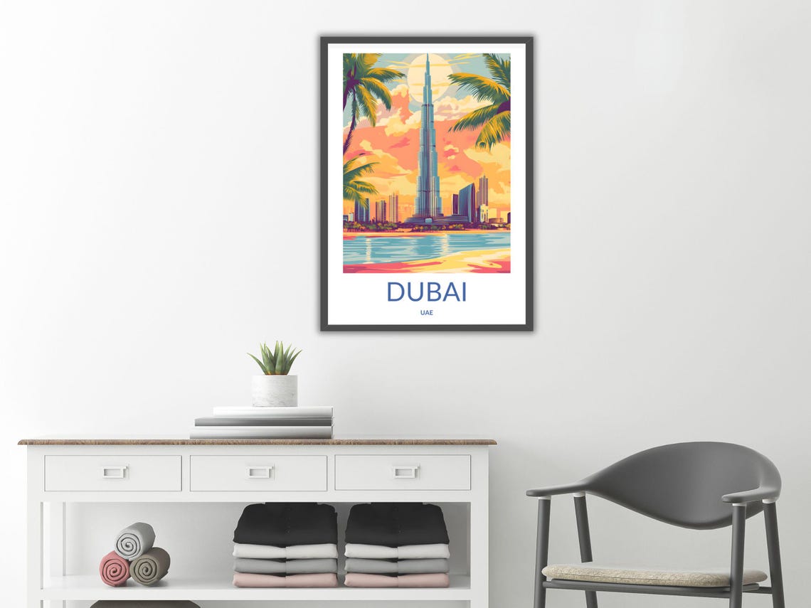 Dubai Sunset Skyline Burj Khalifa Waterfront Palms UAE Travel Poster - Image 2