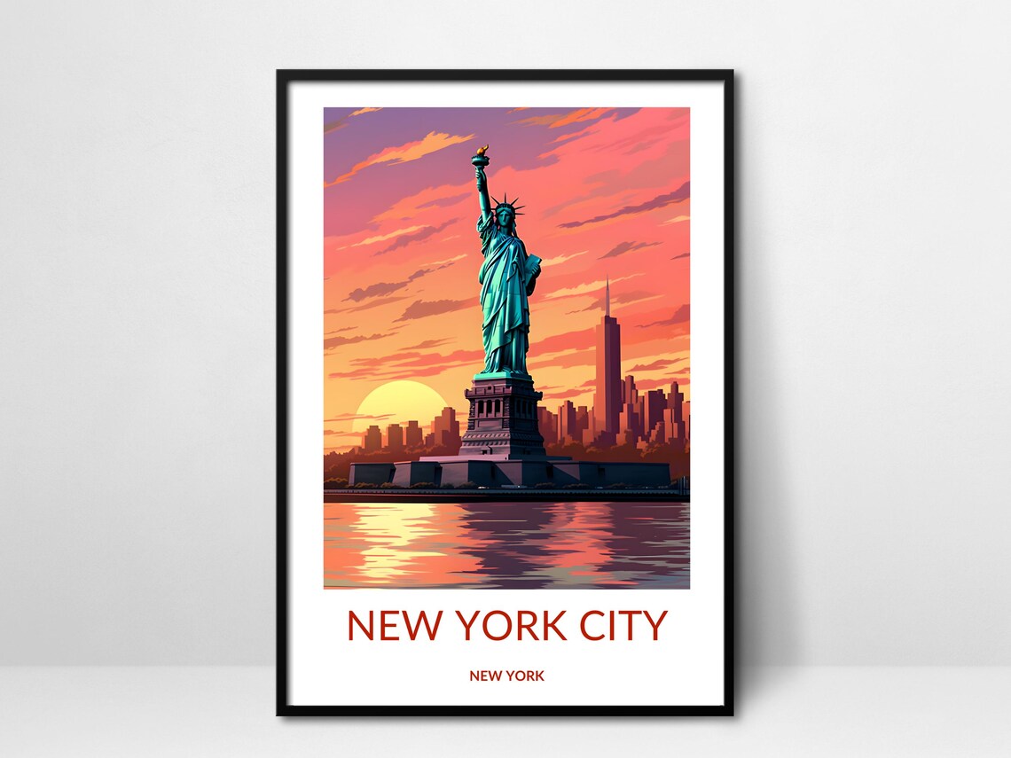 New York City Statue Of Liberty Sunset Harbor Travel Scene Poster