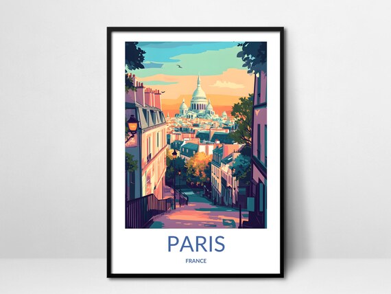 Paris France Sacre Coeur Basilica Sunset Rooftops Travel Poster
