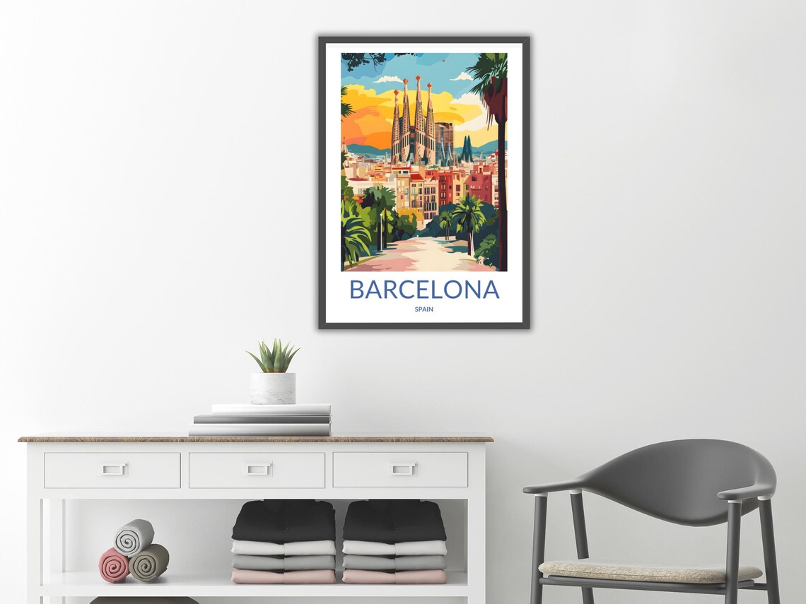 Barcelona Spain Sagrada Familia Cityscape Palm Trees Travel Poster - Image 2