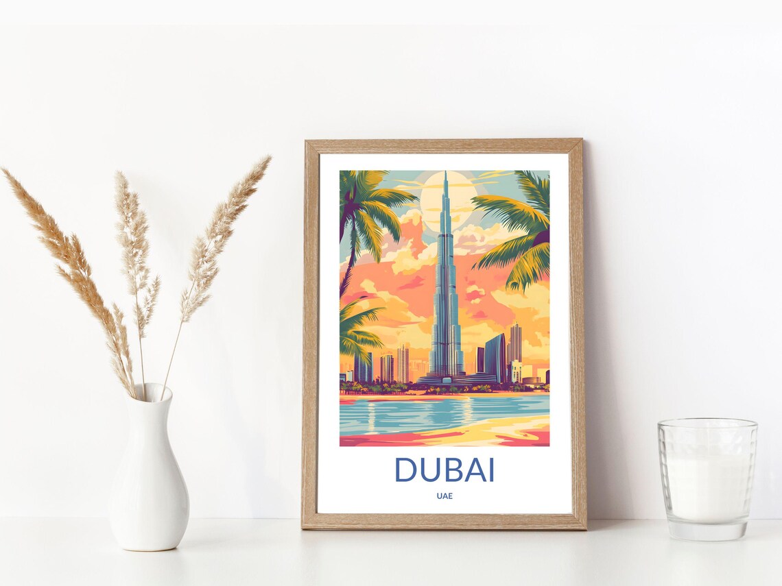 Dubai Sunset Skyline Burj Khalifa Waterfront Palms UAE Travel Poster - Image 3