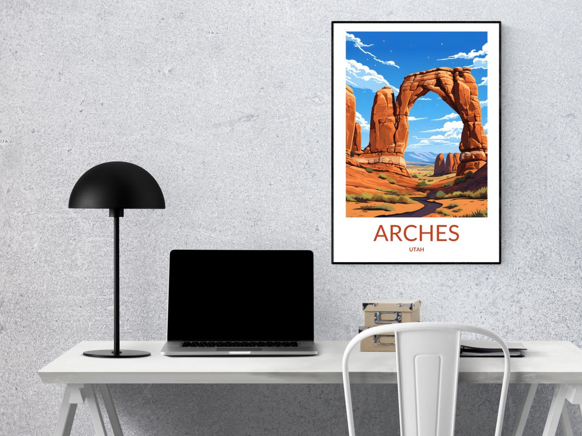 Arches Utah Towering Sandstone Arch Blue Sky Travel Scene Poster - Image 2