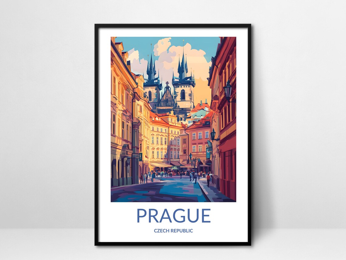 Prague Czech Republic Old Town Street Church Towers Travel Poster