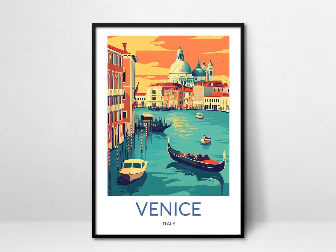 Venice Italy Grand Canal Gondola Ride Sunset Vintage Travel Poster