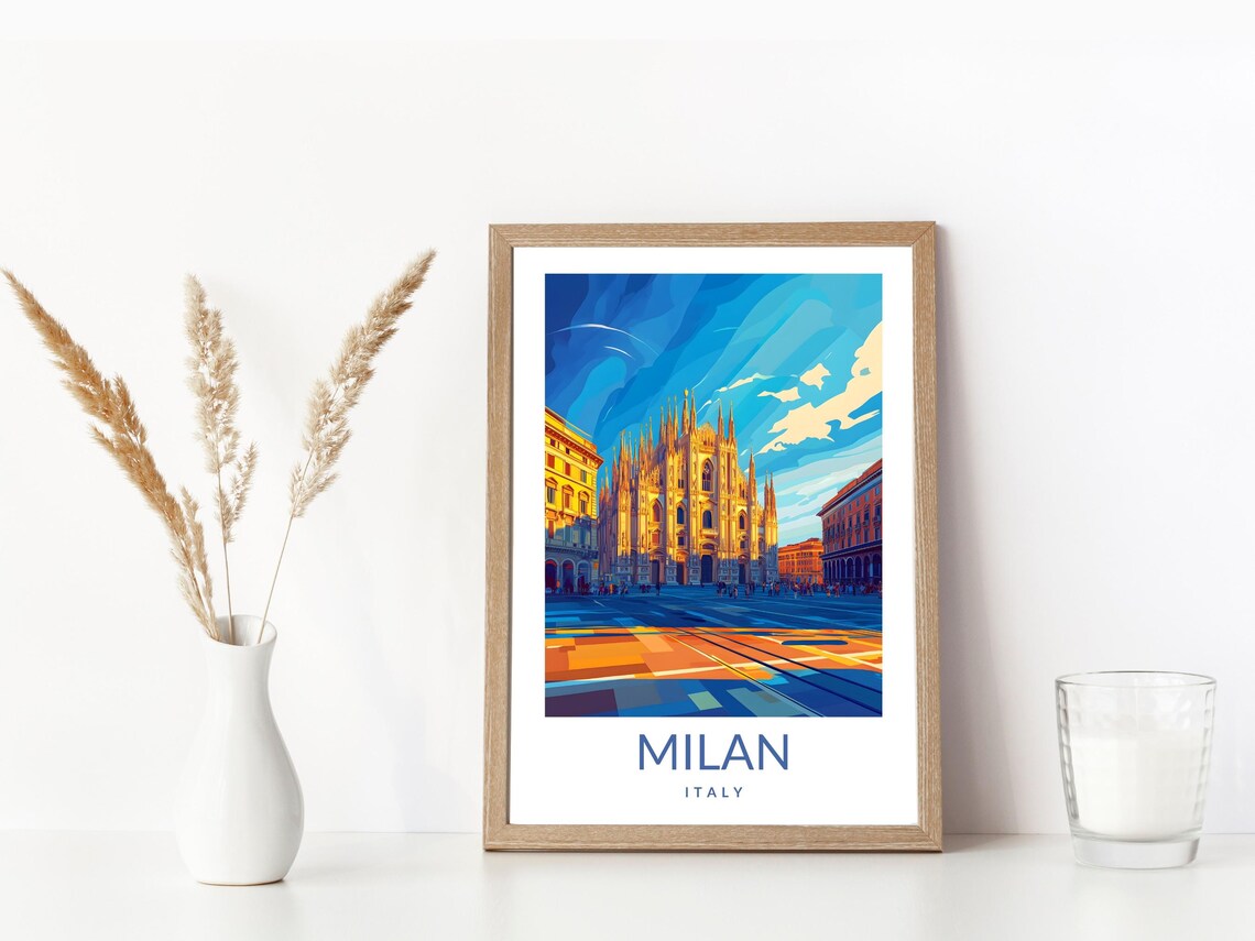 Milan Italy Duomo Cathedral Vintage Travel Poster Sunset City Art - Image 3