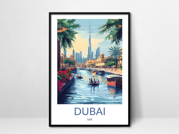 Dubai Old Town Canal Abra Boats Burj Khalifa Skyline UAE Poster